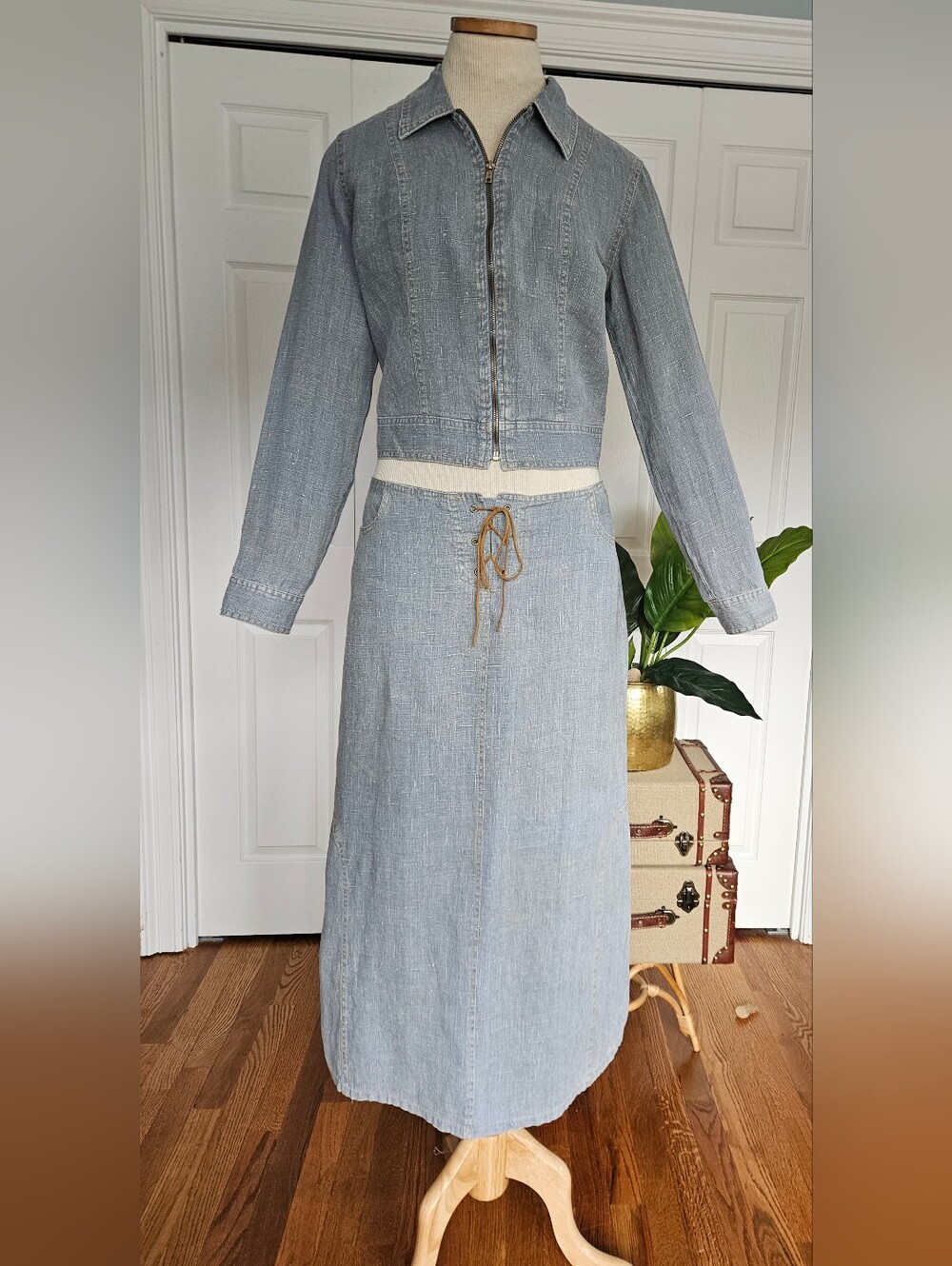 Vintage 90s Clio Chambray Two Piece Set Cropped Zip Jacket & Maxi Skirt Size 6